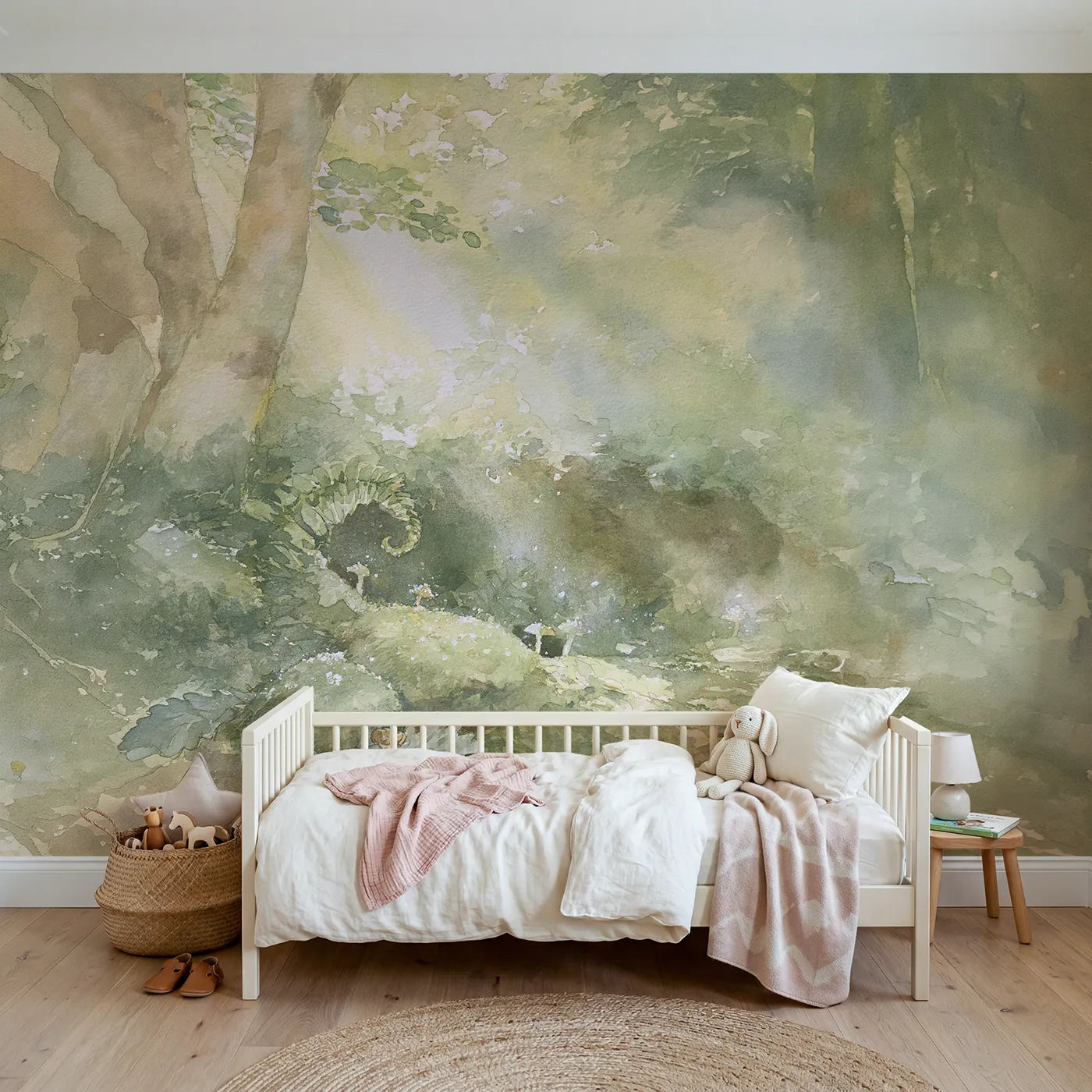 Storybook wall mural of a dewy mossy nook by Whimsy Tots
