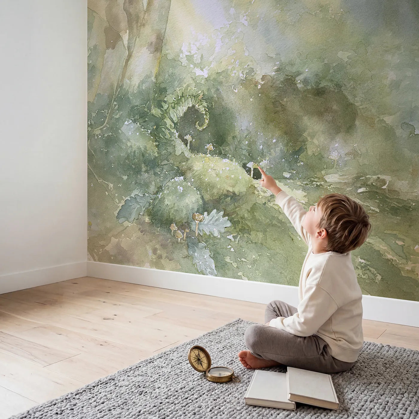 Child in nursery with Dewy Mossy Nook Wallpaper Mural by Whimsy Tots