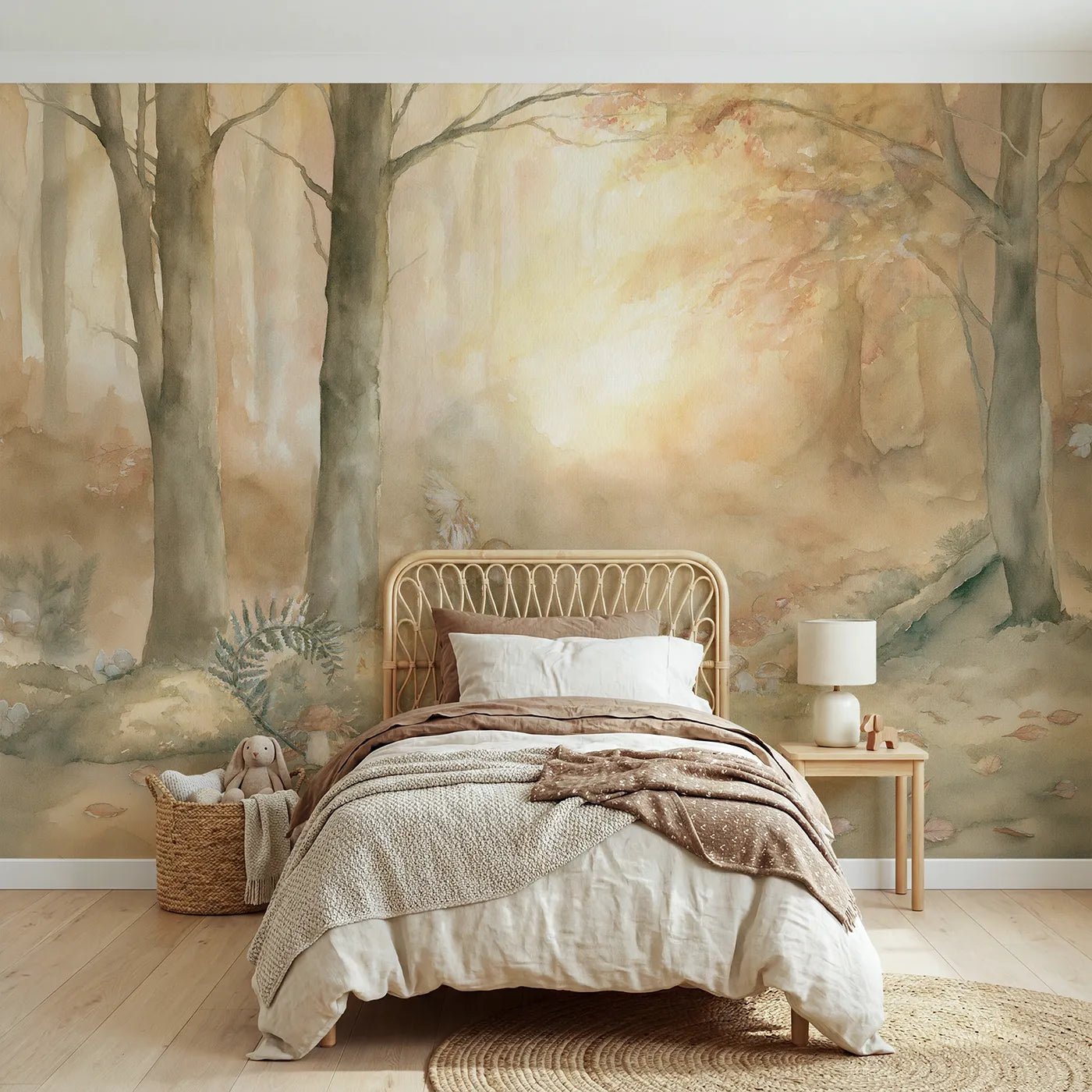 Storybook wall mural of a golden woodland nook by Whimsy Tots