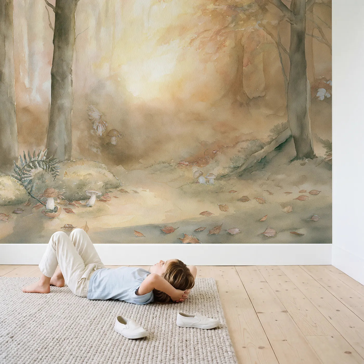Child in nursery with Golden Woodland Nook Wallpaper Mural by Whimsy Tots