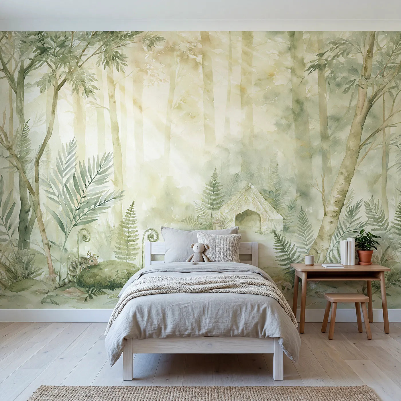 Storybook wall mural of a soft fern hideaway by Whimsy Tots