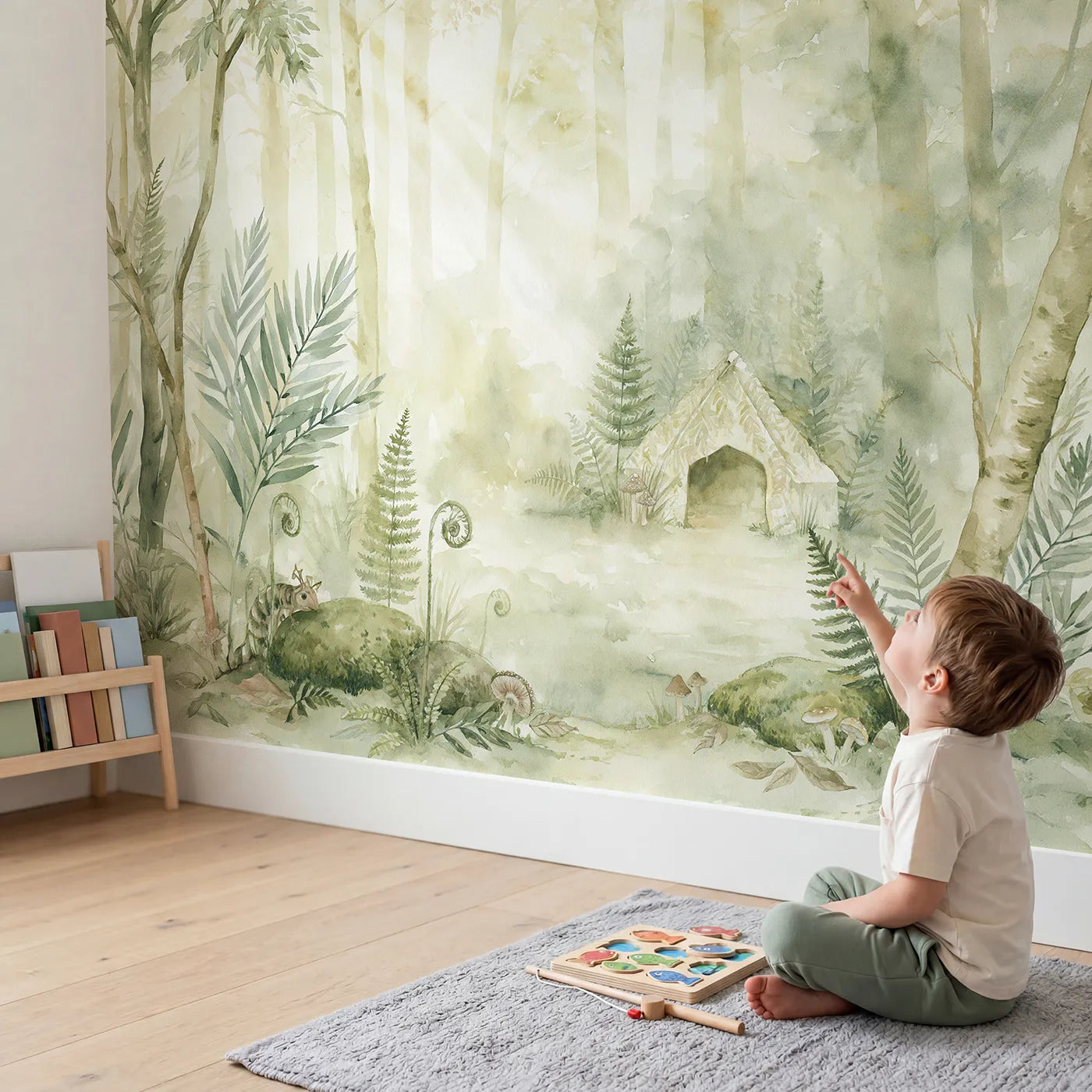 Child in nursery with Soft Fern Hideaway Wallpaper Mural by Whimsy Tots