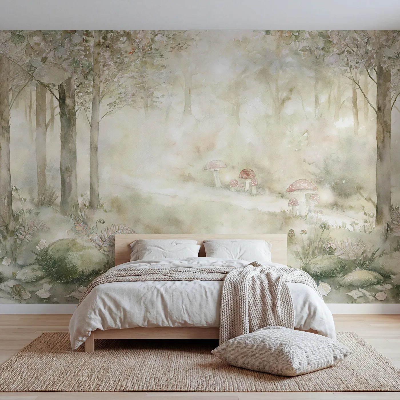Storybook wall mural of a misty toadstool path by Whimsy Tots