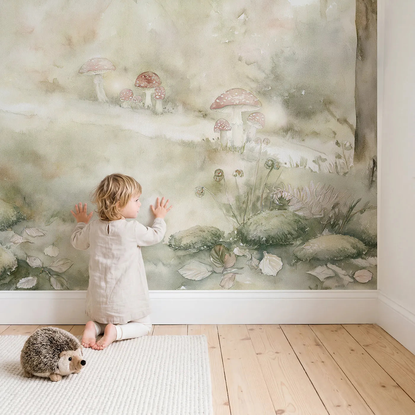 Child in nursery with Misty Toadstool Path Wallpaper Mural by Whimsy Tots