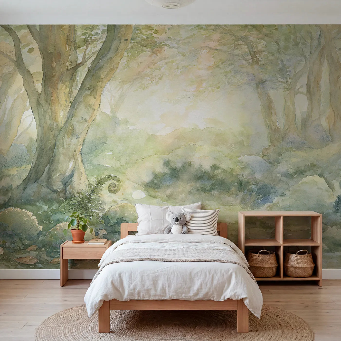 Storybook wall mural of a quiet mossy hollow by Whimsy Tots