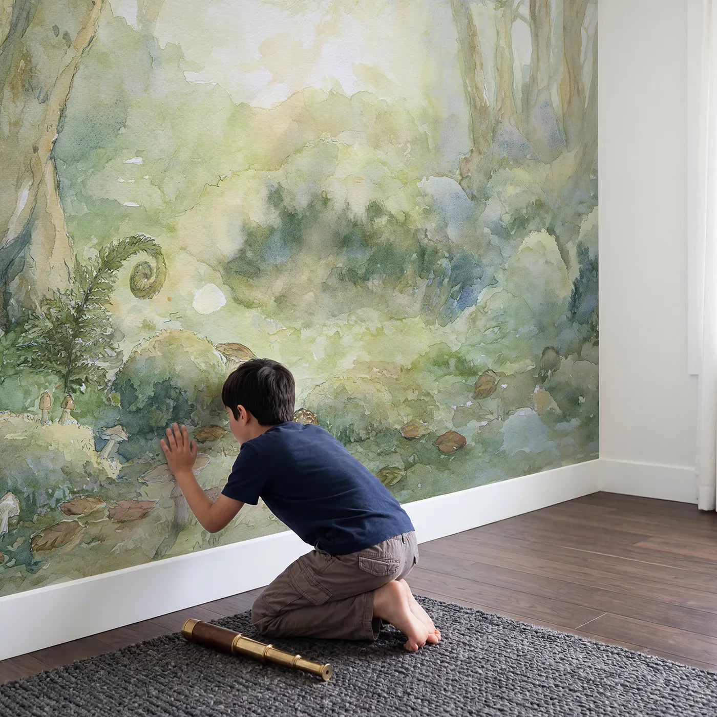Child in nursery with Quiet Mossy Hollow Wallpaper Mural by Whimsy Tots