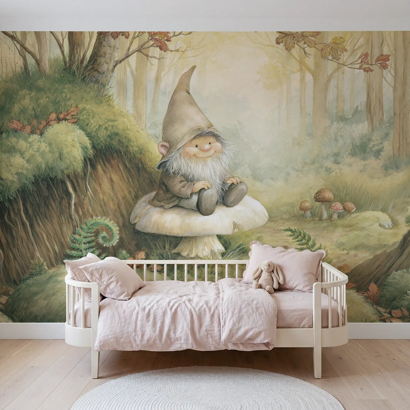 Storybook wall mural of a friendly forest gnome by Whimsy Tots