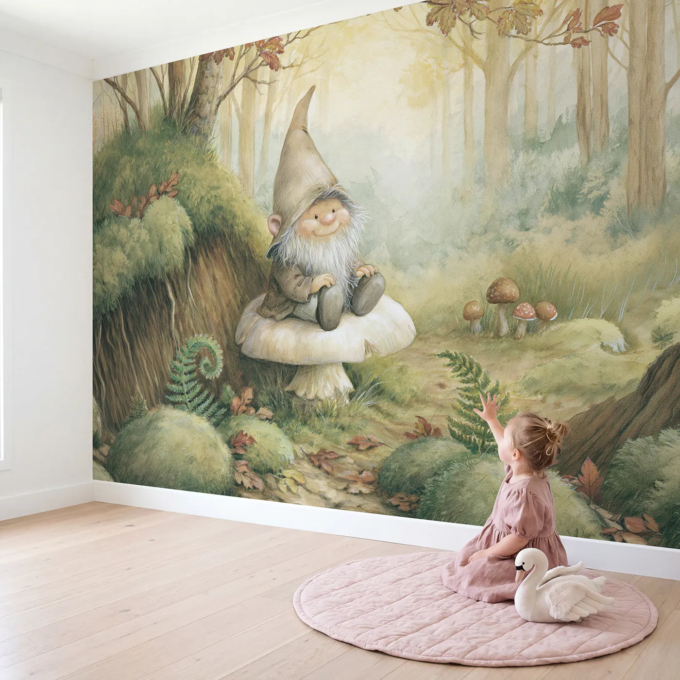 Child in nursery with Friendly Forest Gnome Wallpaper Mural by Whimsy Tots