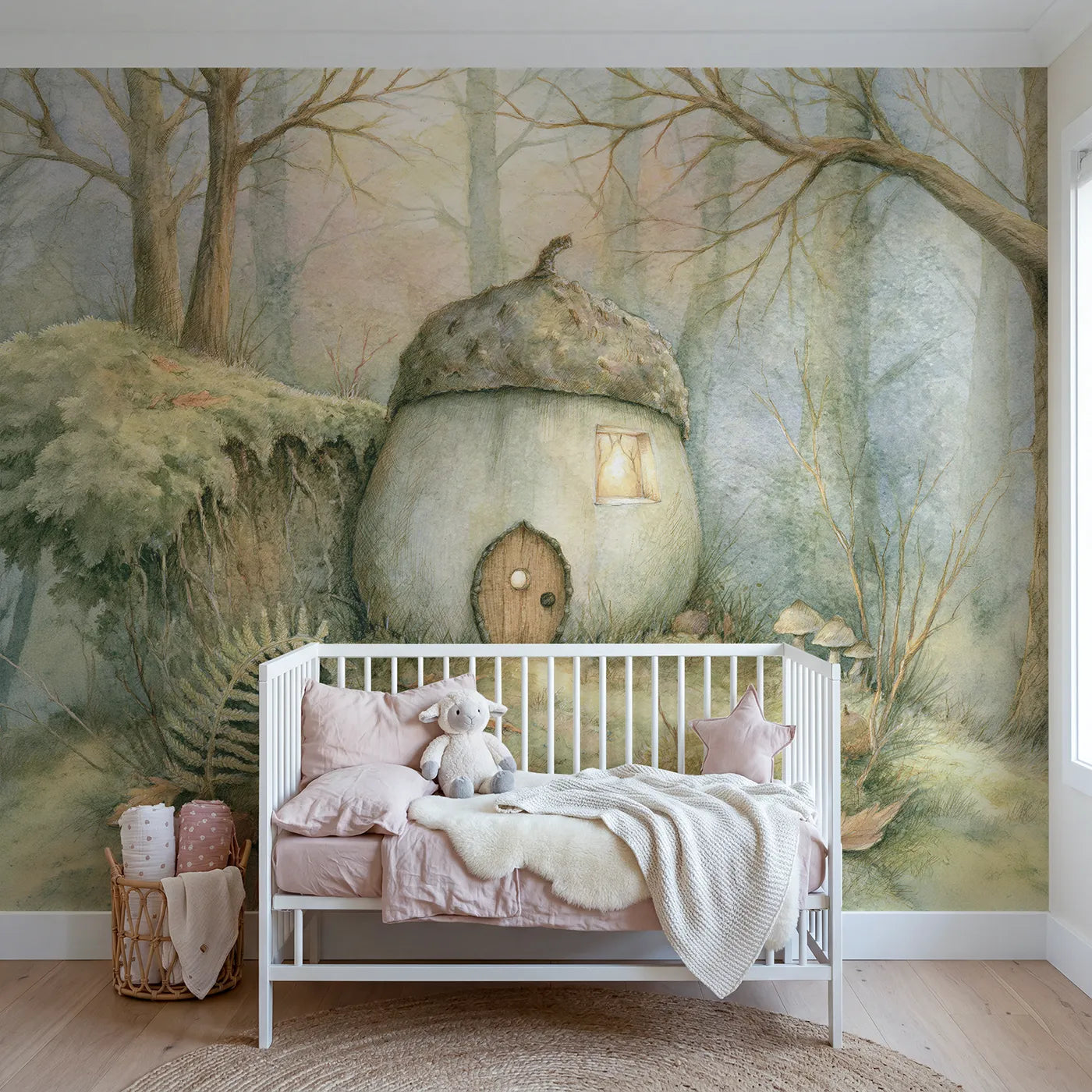 Storybook wall mural of a cozy acorn house by Whimsy Tots