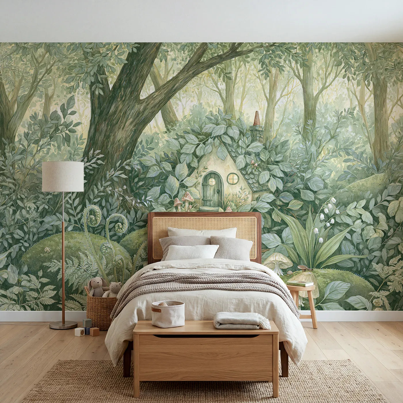 Storybook wall mural of a gnome garden home by Whimsy Tots