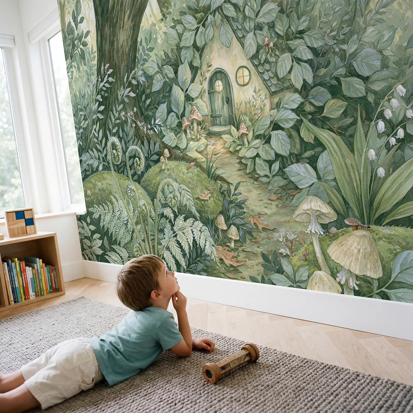 Child in nursery with Gnome Garden Home Wallpaper Mural by Whimsy Tots