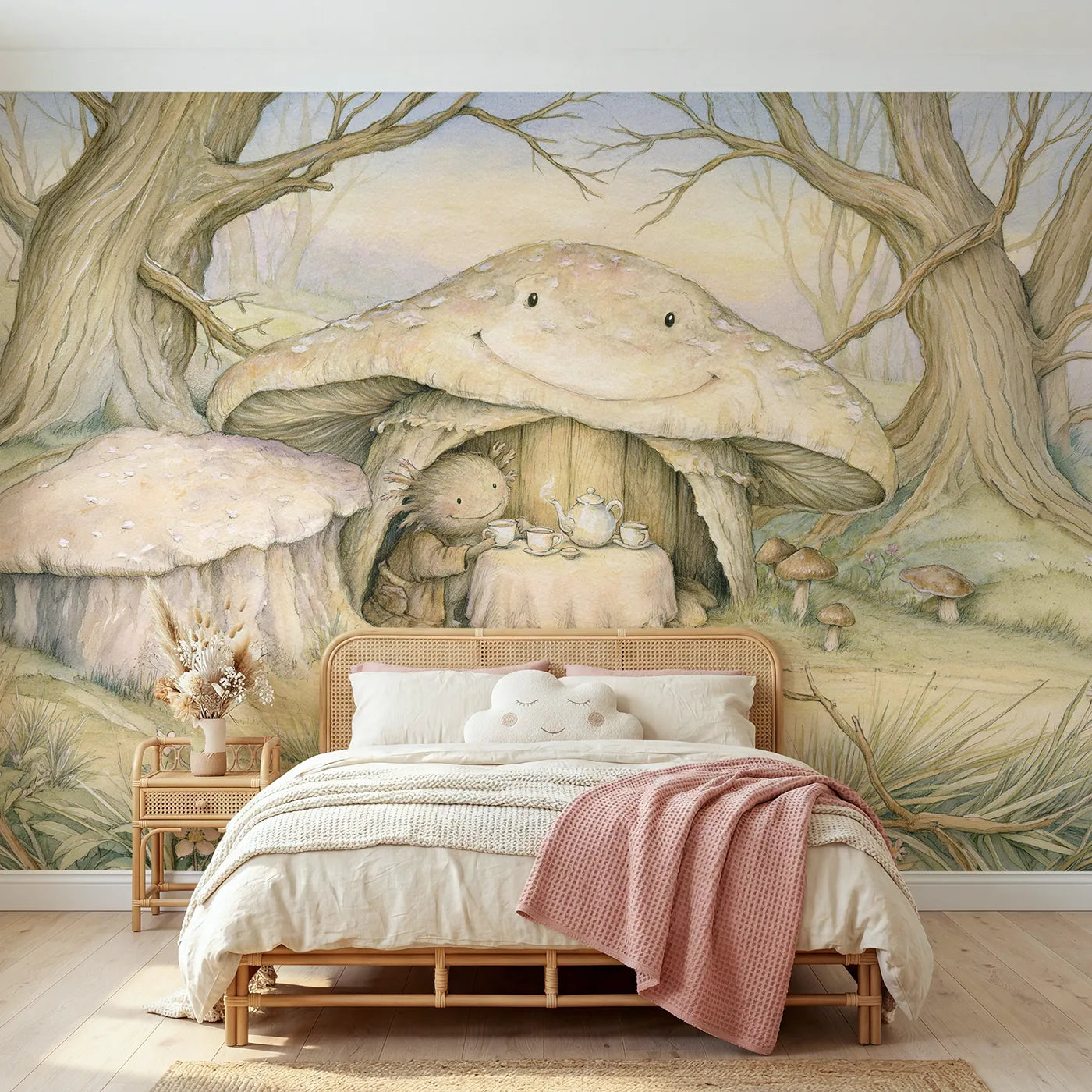 Storybook wall mural of a toadstool tea nook by Whimsy Tots