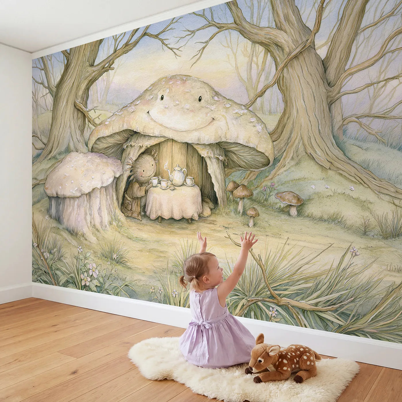 Child in nursery with Toadstool Tea Nook Wallpaper Mural by Whimsy Tots