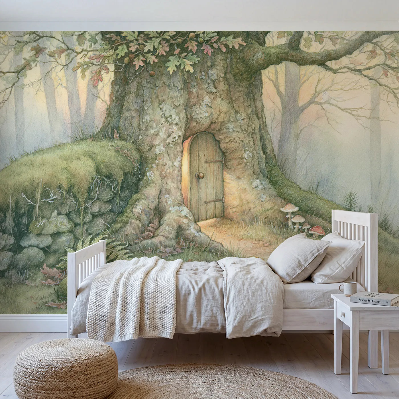 Storybook wall mural of a snug woodland door by Whimsy Tots