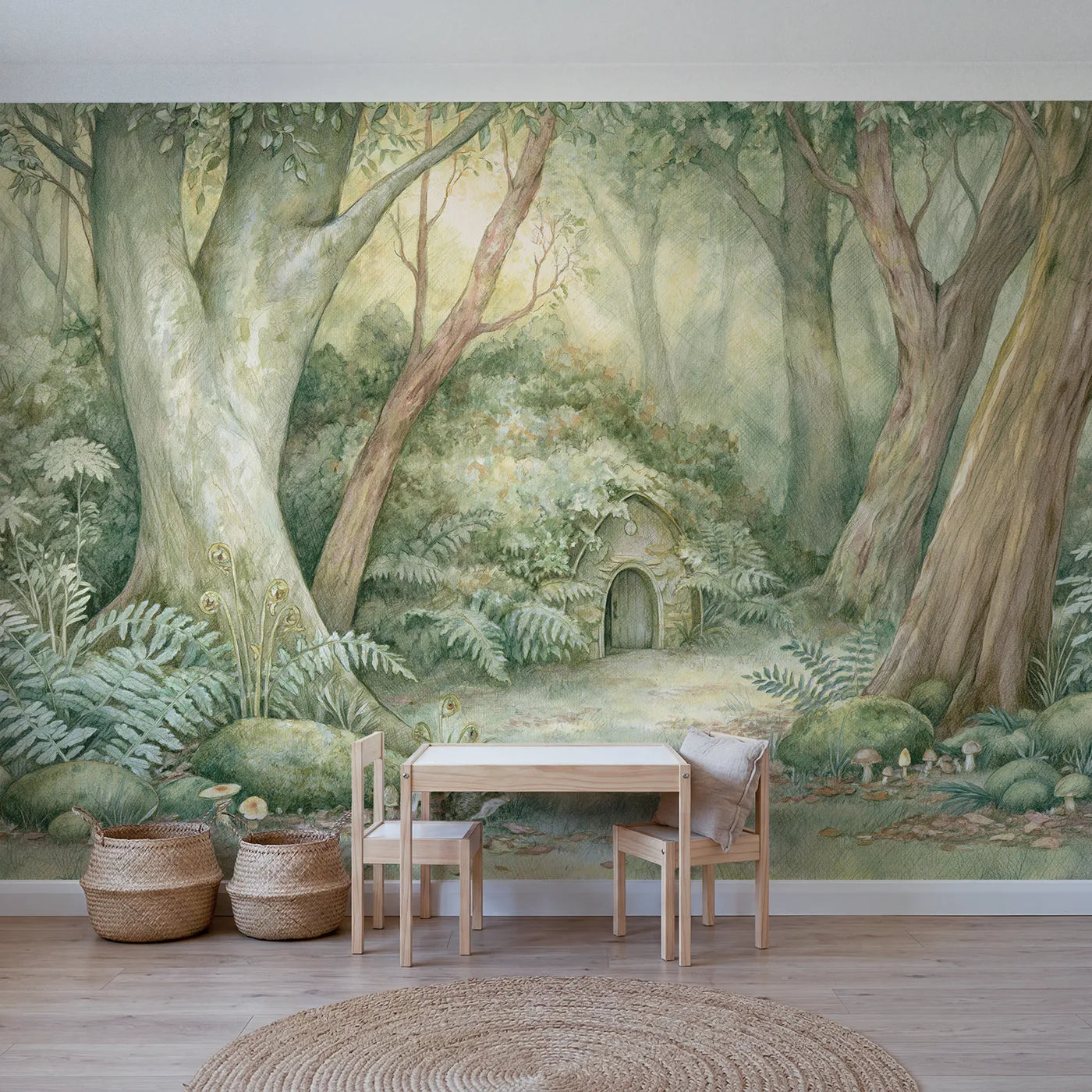 Storybook wall mural of a little forest hideout by Whimsy Tots