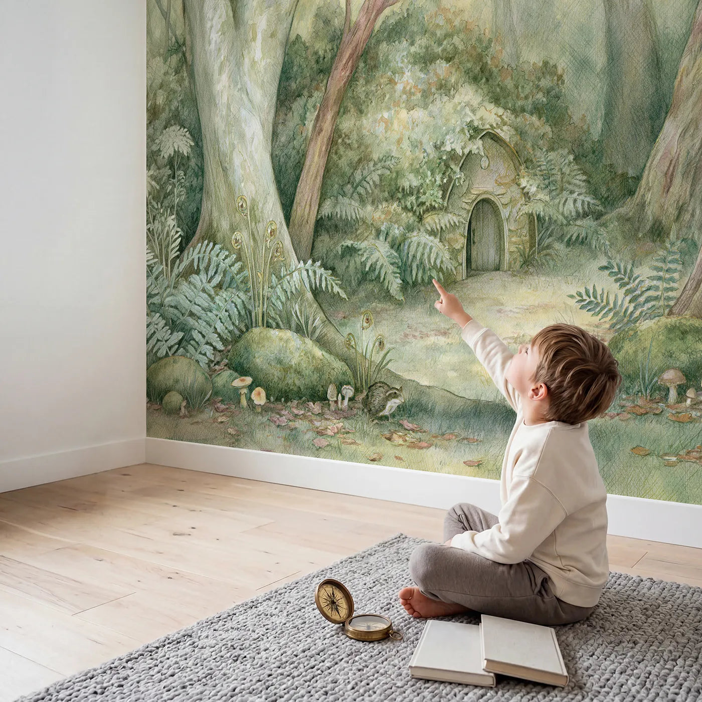 Child in nursery with Little Forest Hideout Wallpaper Mural by Whimsy Tots