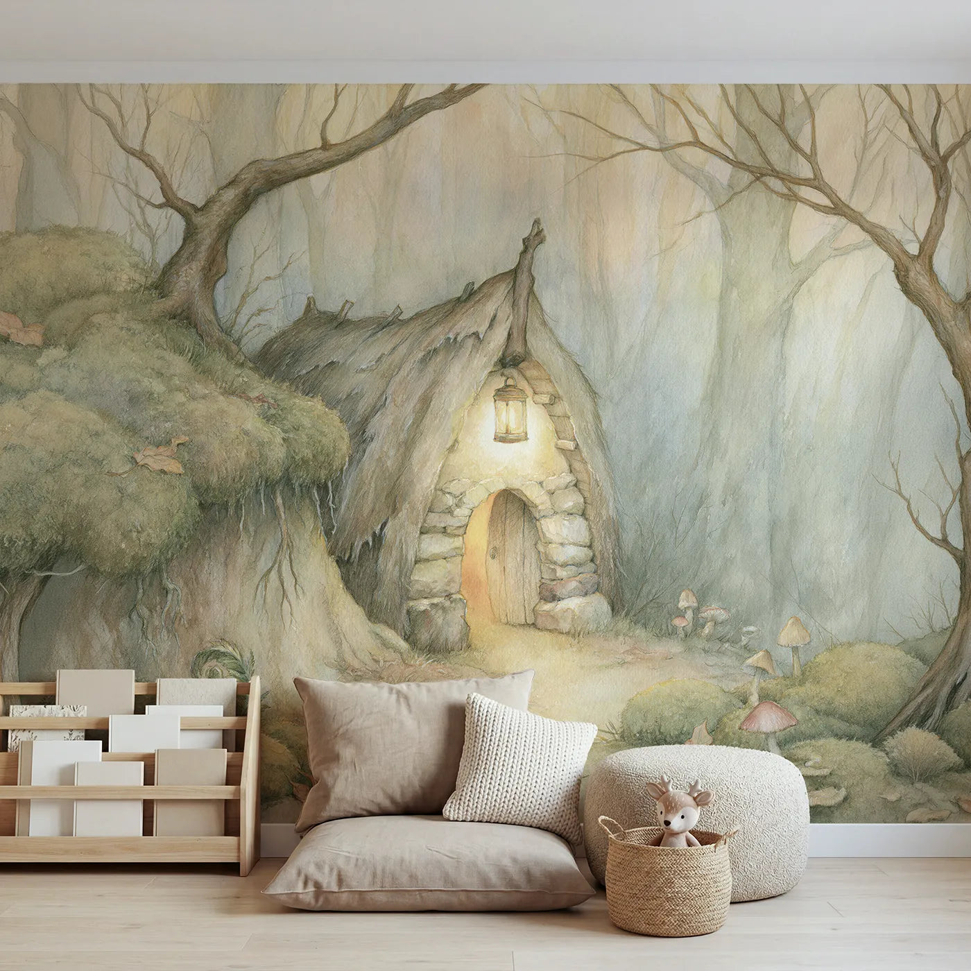 Storybook wall mural of a cozy lantern hideout by Whimsy Tots