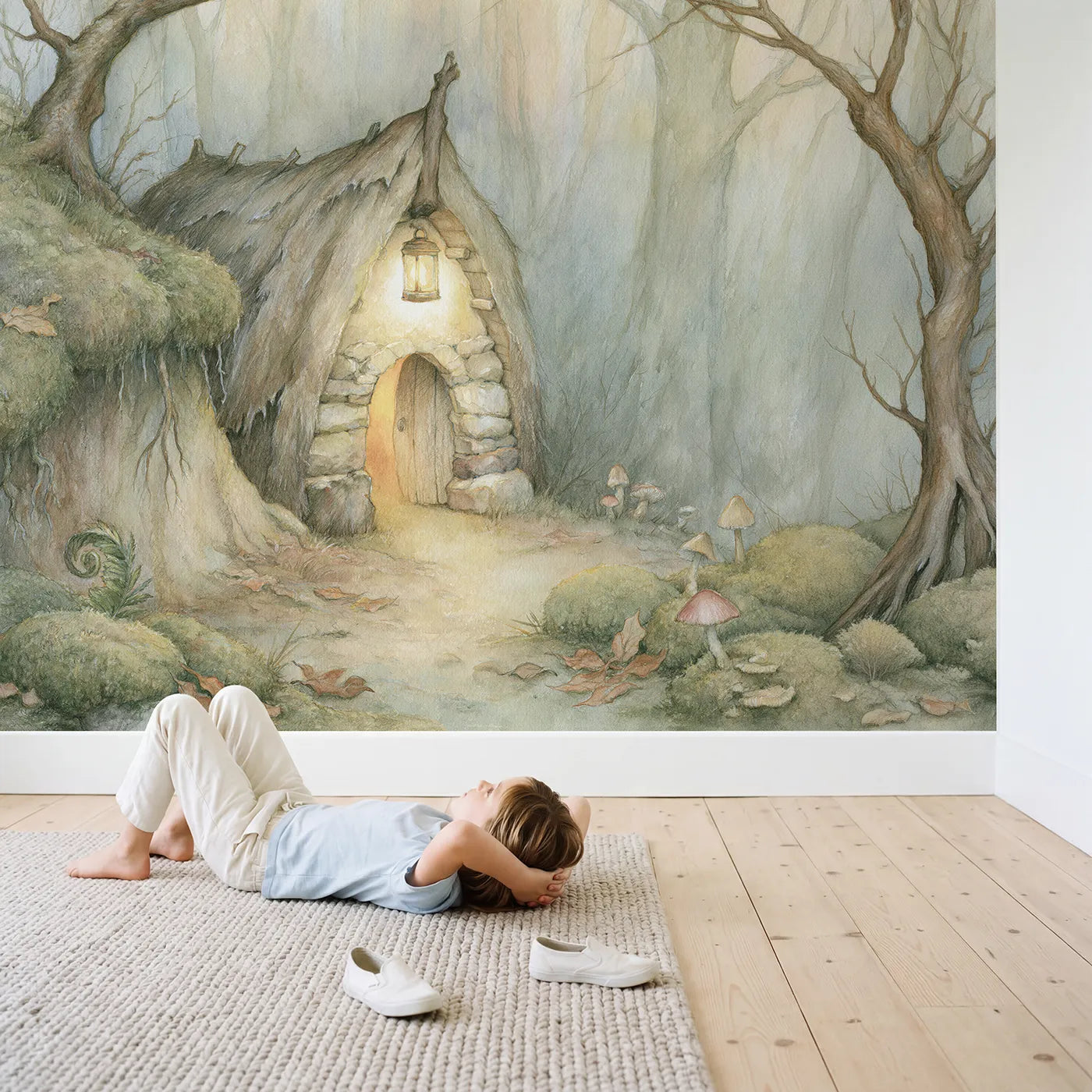 Child in nursery with Cozy Lantern Hideout Wallpaper Mural by Whimsy Tots