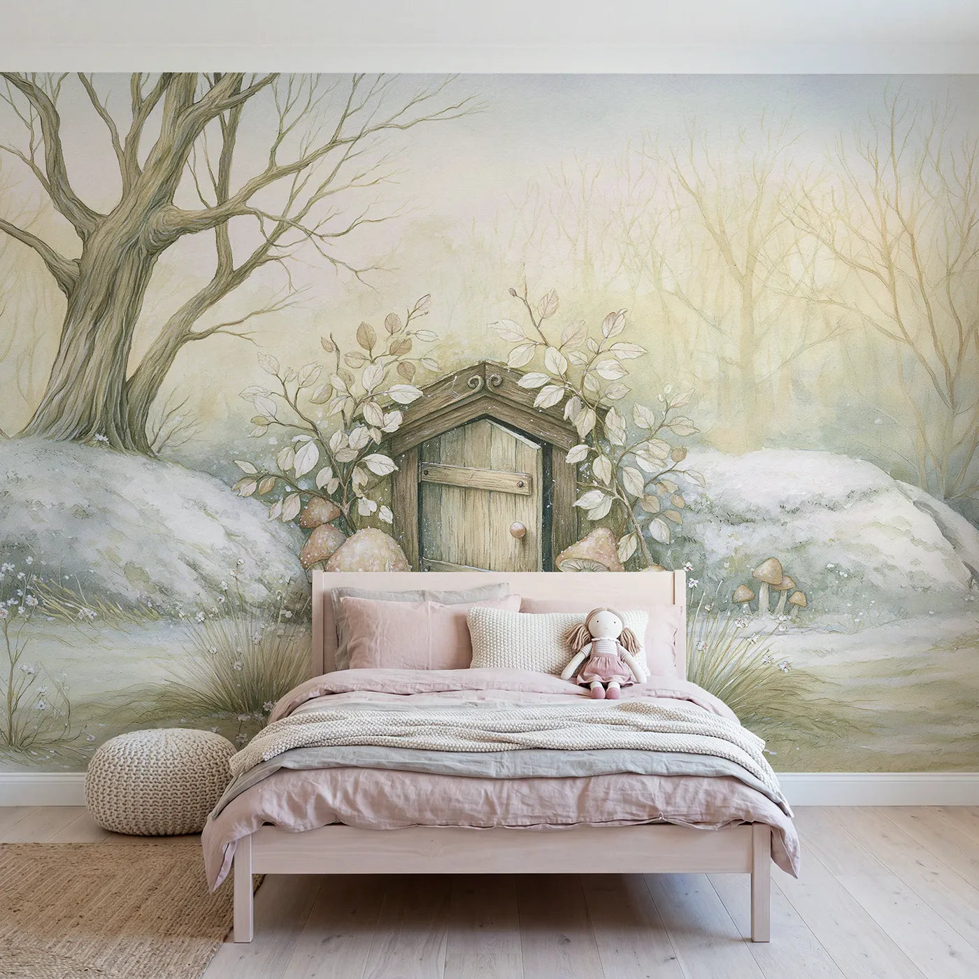 Storybook wall mural of a little woodland door by Whimsy Tots