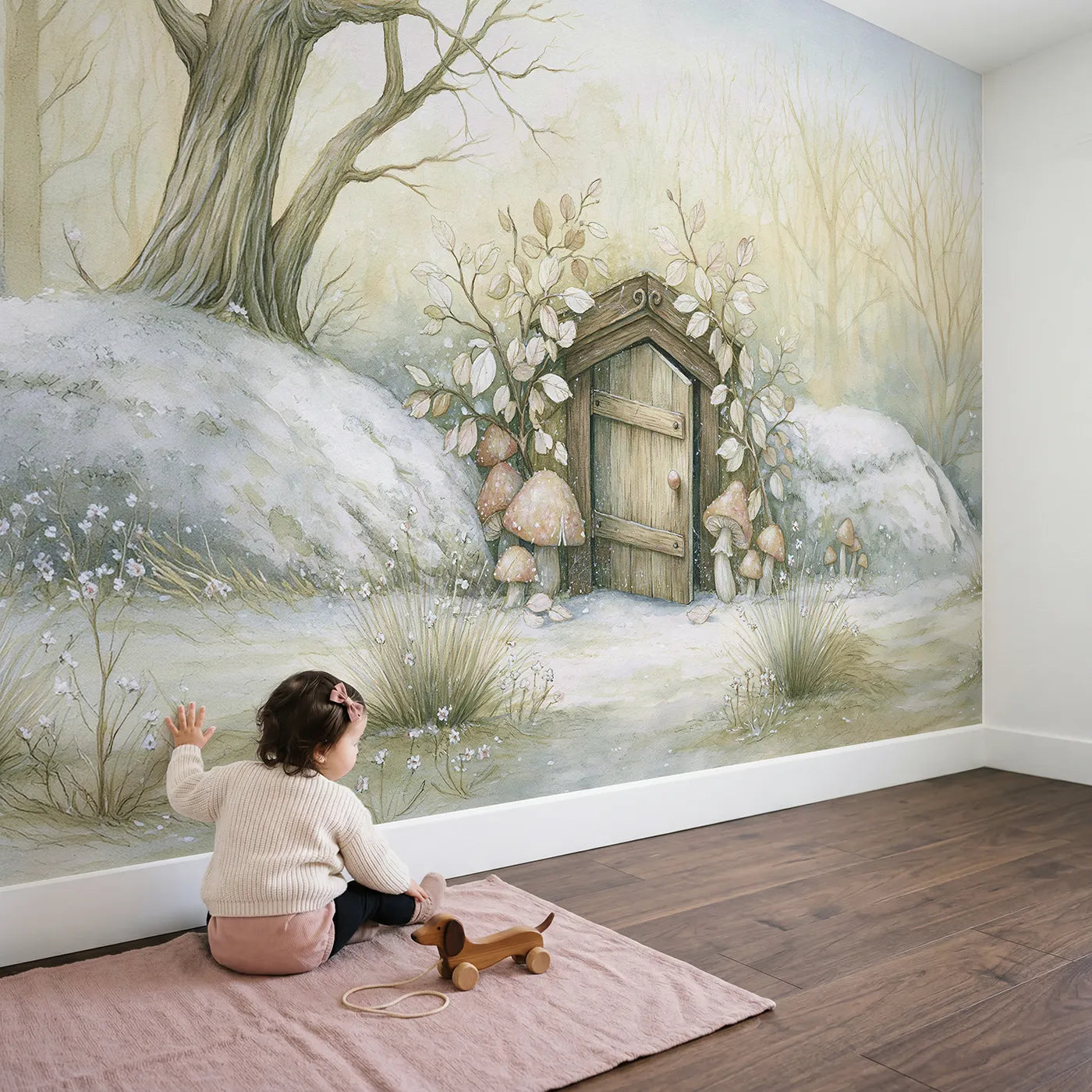 Child in nursery with Whimsical Woodland Door Wallpaper Mural by Whimsy Tots