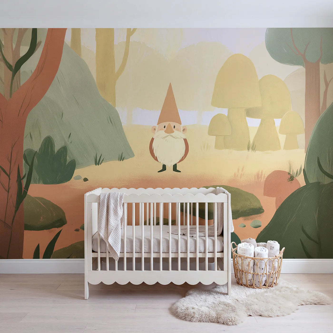 Folk gouache wall mural of a simple pointed-hat gnome by Whimsy Tots