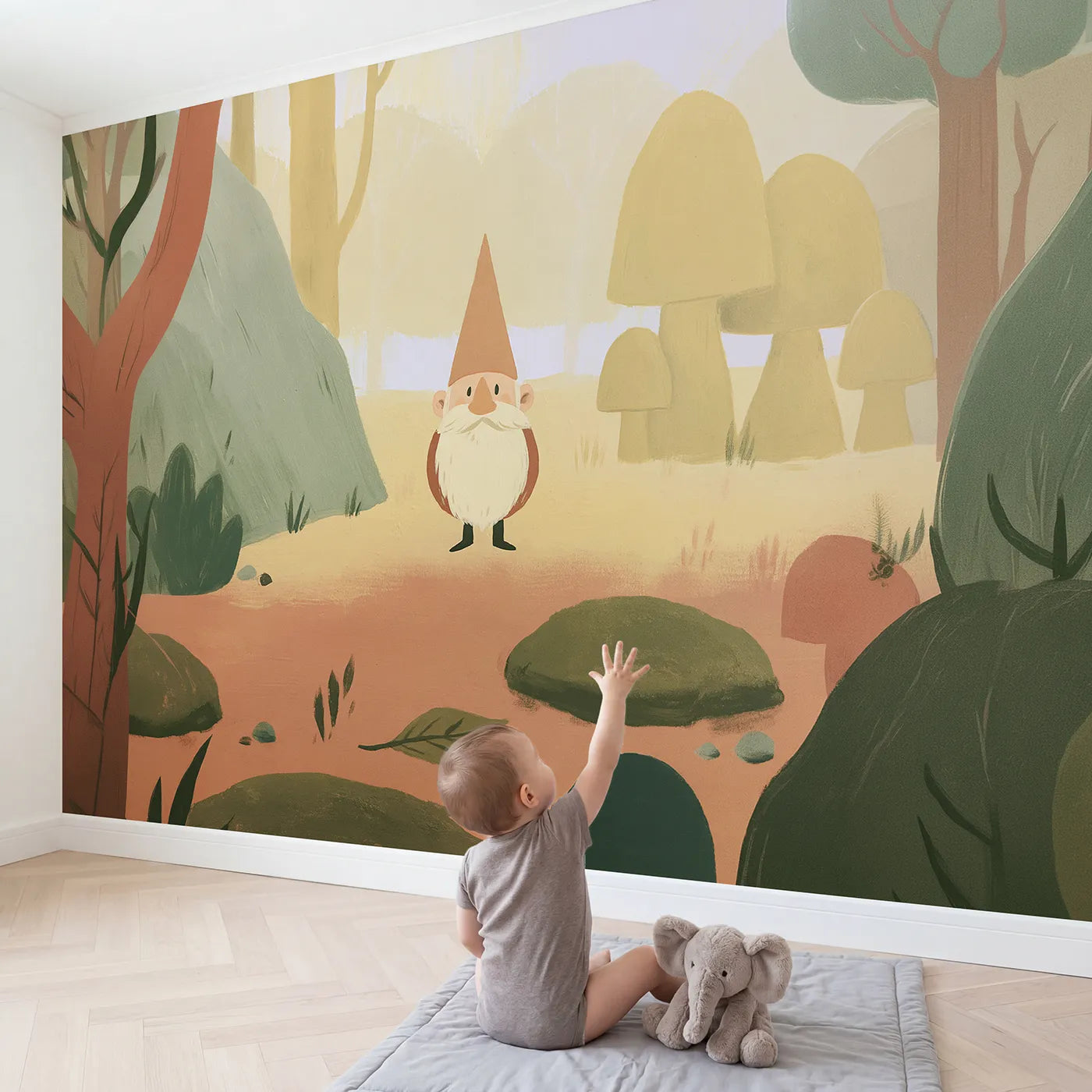 Child in nursery with Folk Gnome Shape Wallpaper Mural by Whimsy Tots