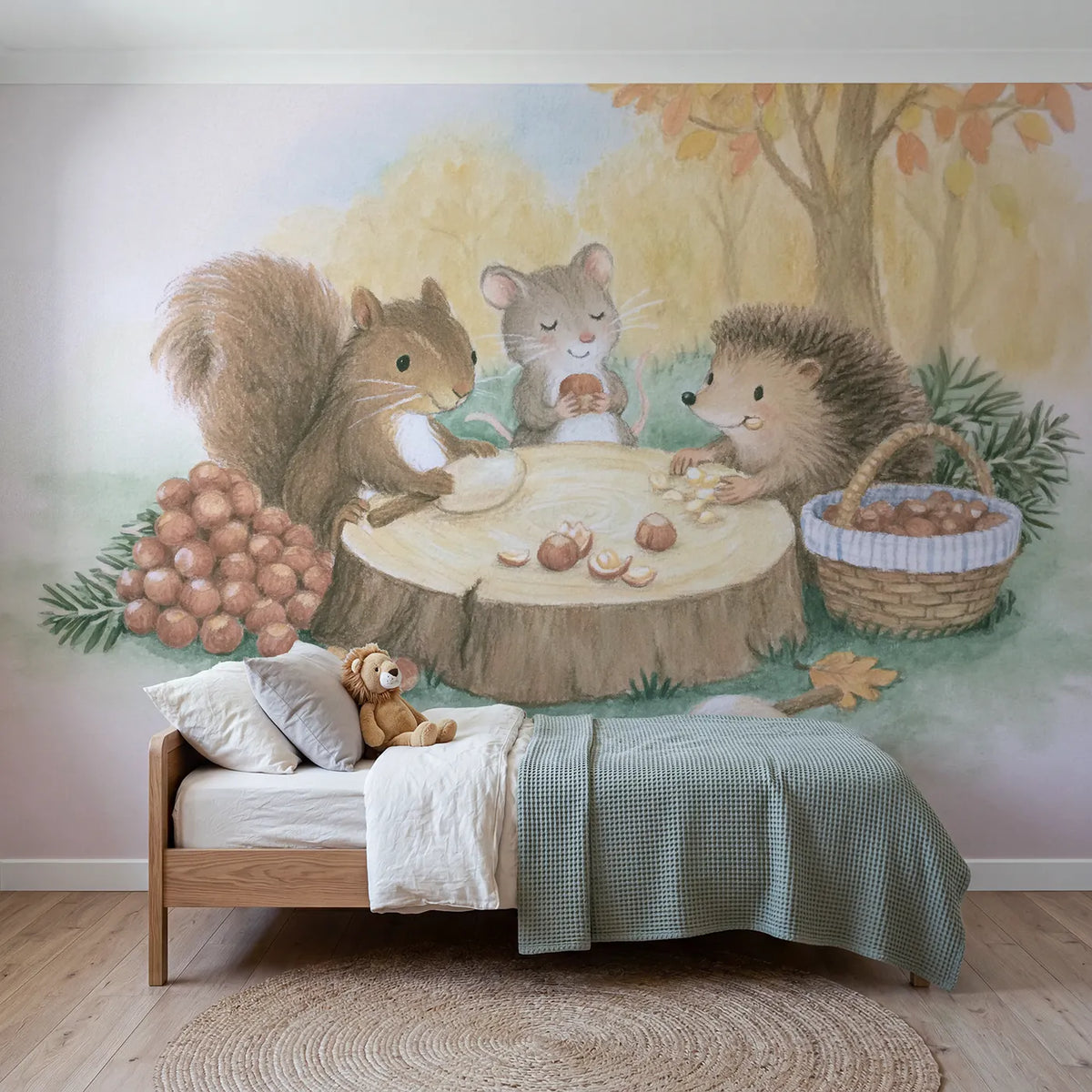 Colored Pencil animals cracking autumn nuts on a stump, mural for a shared kids room by Whimsy Tots