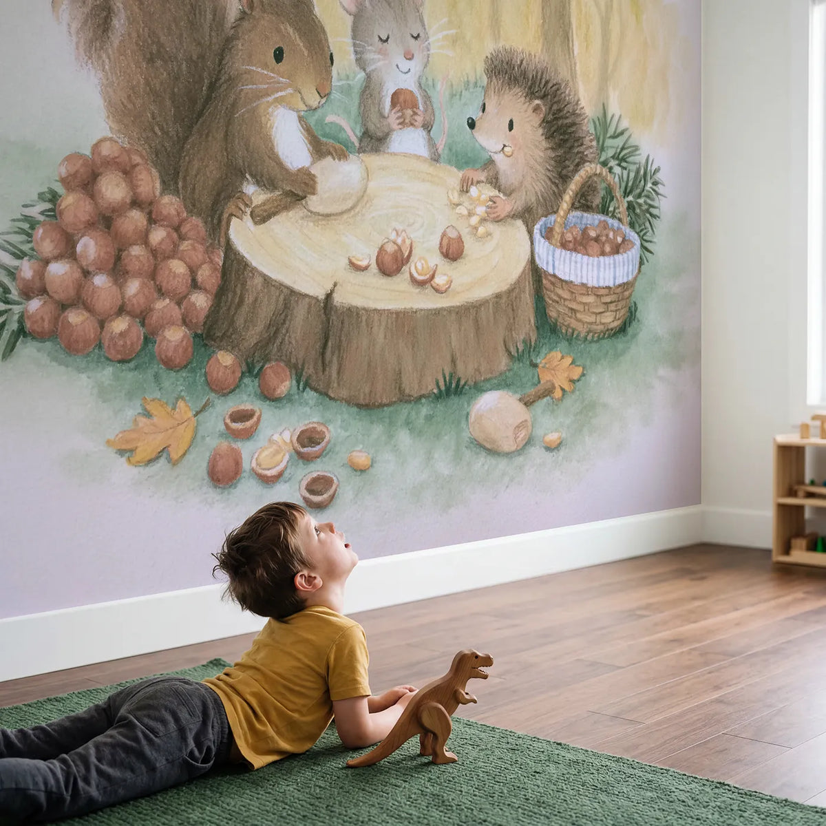 Child in nursery with The Nut Cracking Party Wallpaper Mural by Whimsy Tots