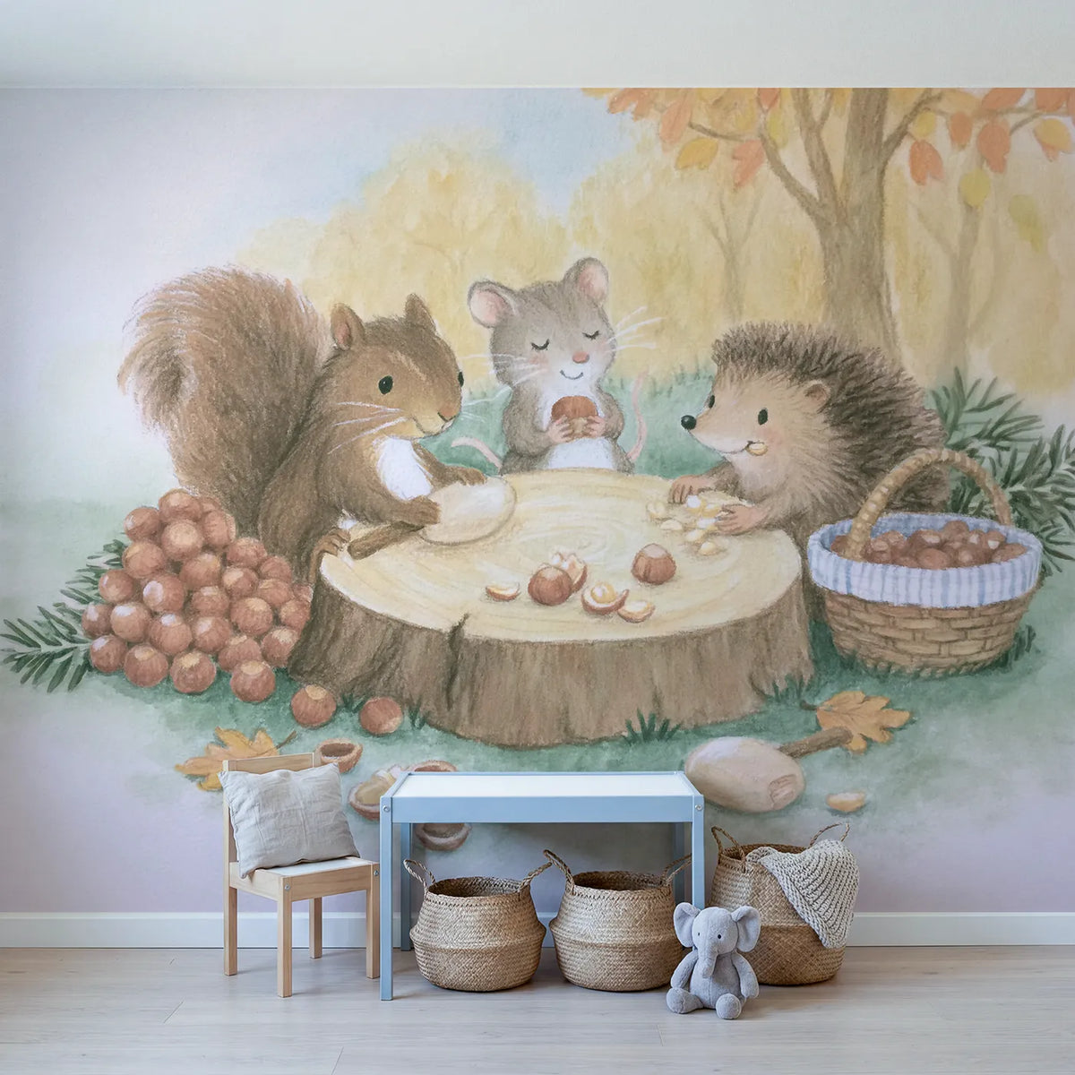 The Nut Cracking Party Wallpaper Mural in playroom setting by Whimsy Tots
