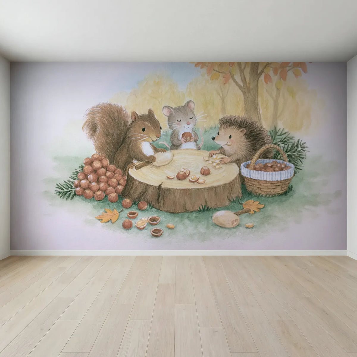 Full view of The Nut Cracking Party Wallpaper Mural by Whimsy Tots