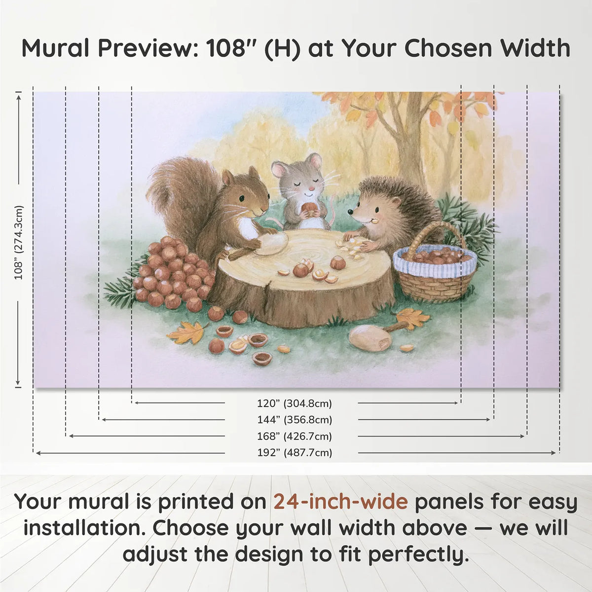 Panel layout and dimensions for The Nut Cracking Party Wallpaper Mural by Whimsy Tots