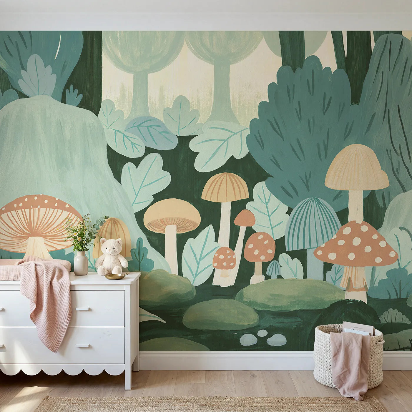 Folk gouache wall mural of a simple woodland nook by Whimsy Tots