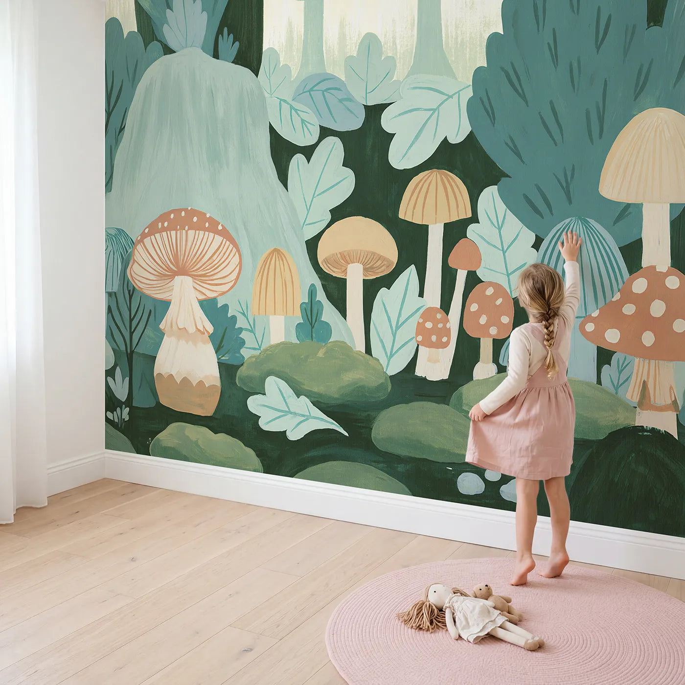 Child in nursery with Folk Woodland Nook Wallpaper Mural by Whimsy Tots