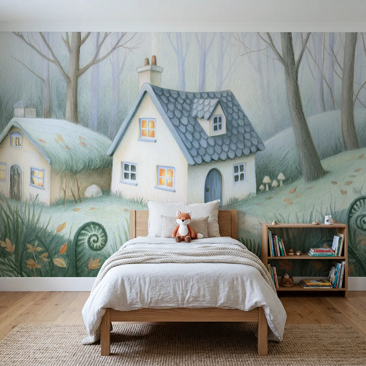 Colored-pencil wall mural of a cozy penciled cottage by Whimsy Tots
