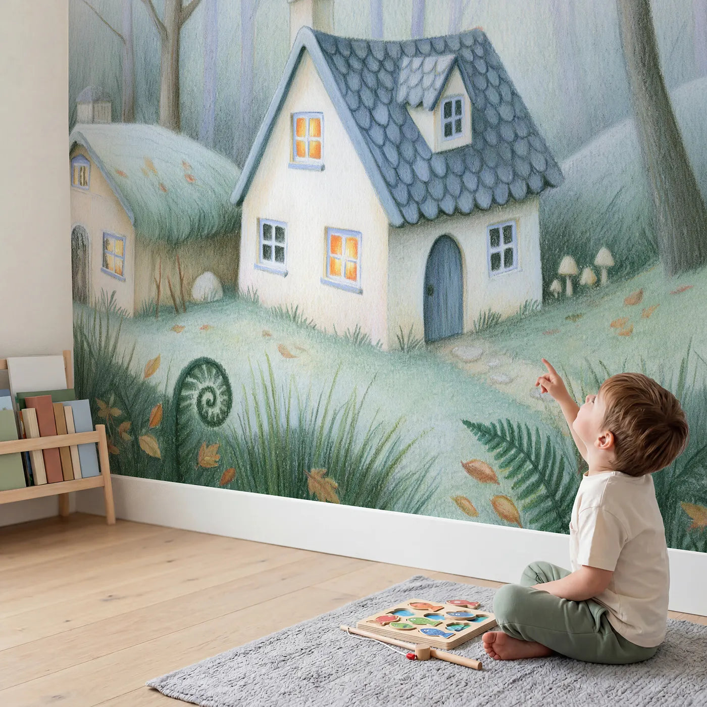 Child in nursery with Pencil Cozy Cottage Wallpaper Mural by Whimsy Tots