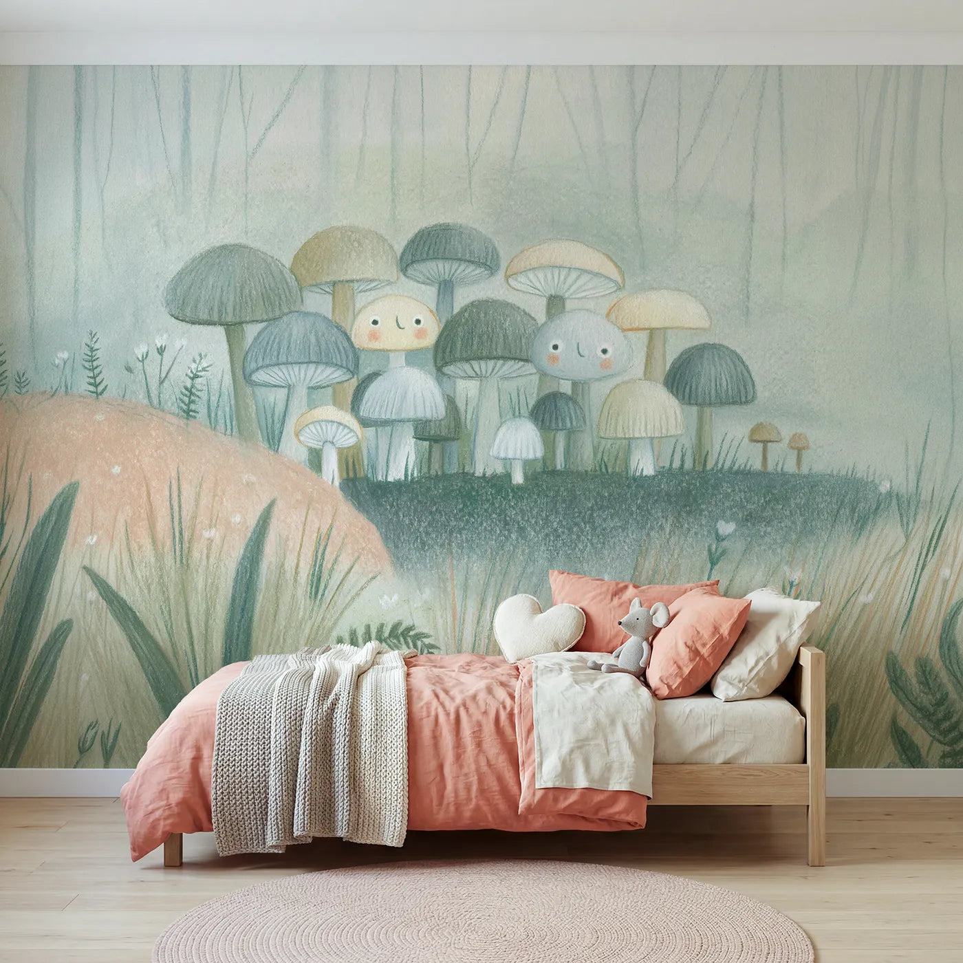 Colored-pencil wall mural of soft penciled mushrooms by Whimsy Tots