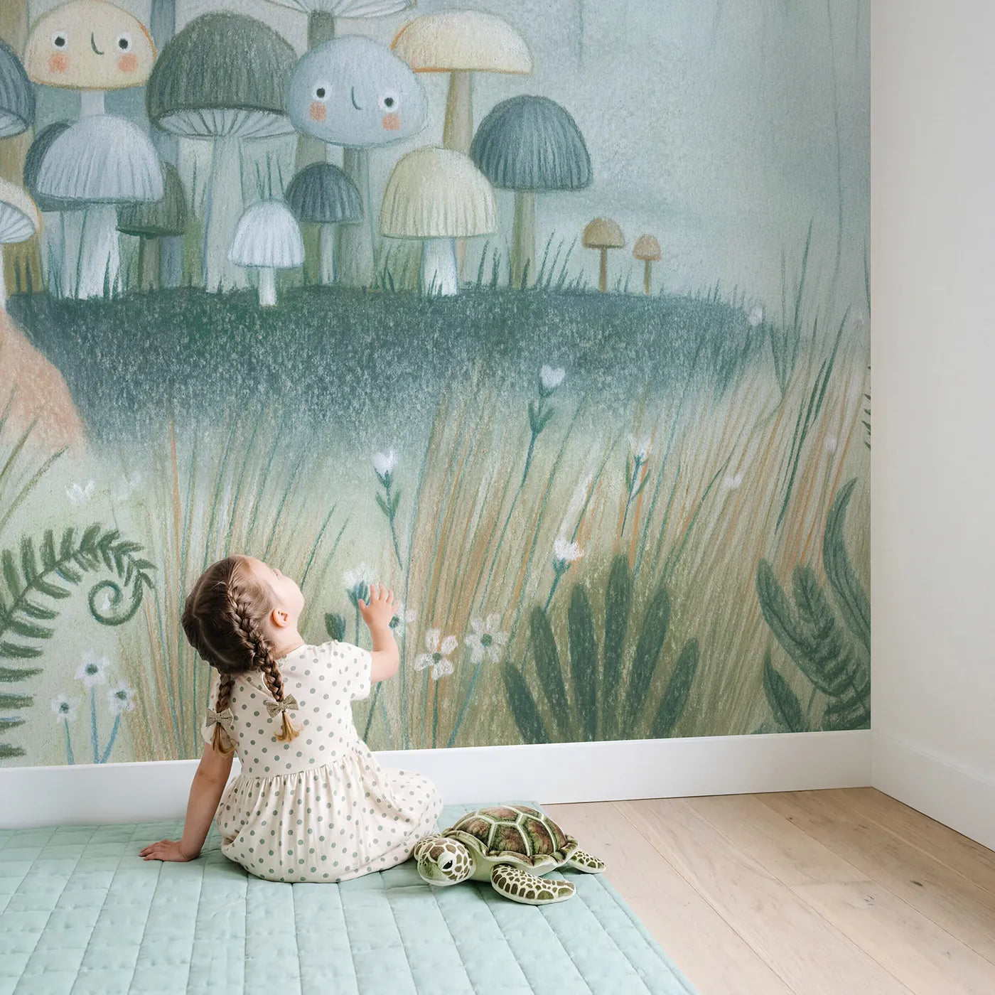 Child in nursery with Soft Pencil Mushrooms Wallpaper Mural by Whimsy Tots