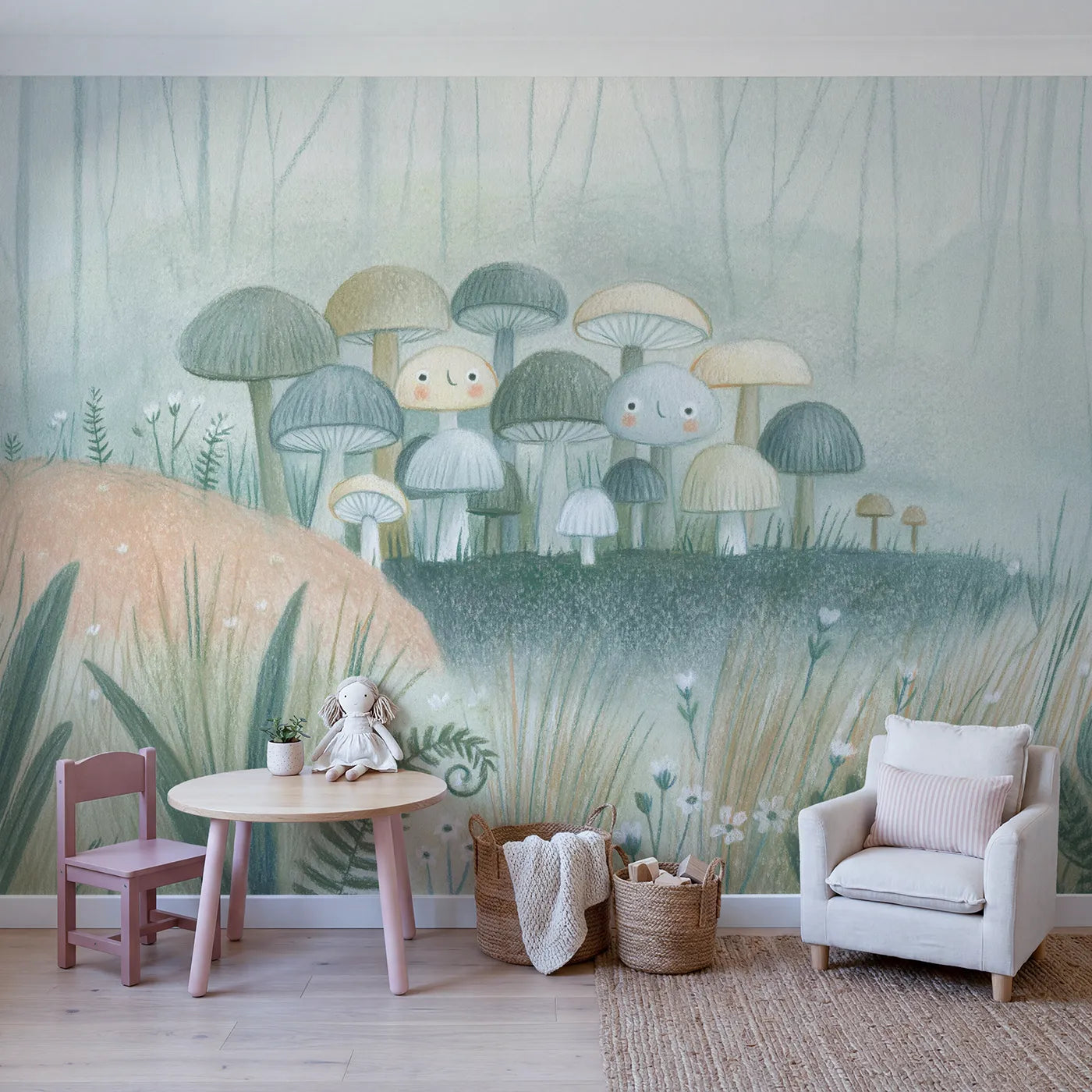 Soft Pencil Mushrooms Wallpaper Mural in playroom setting by Whimsy Tots