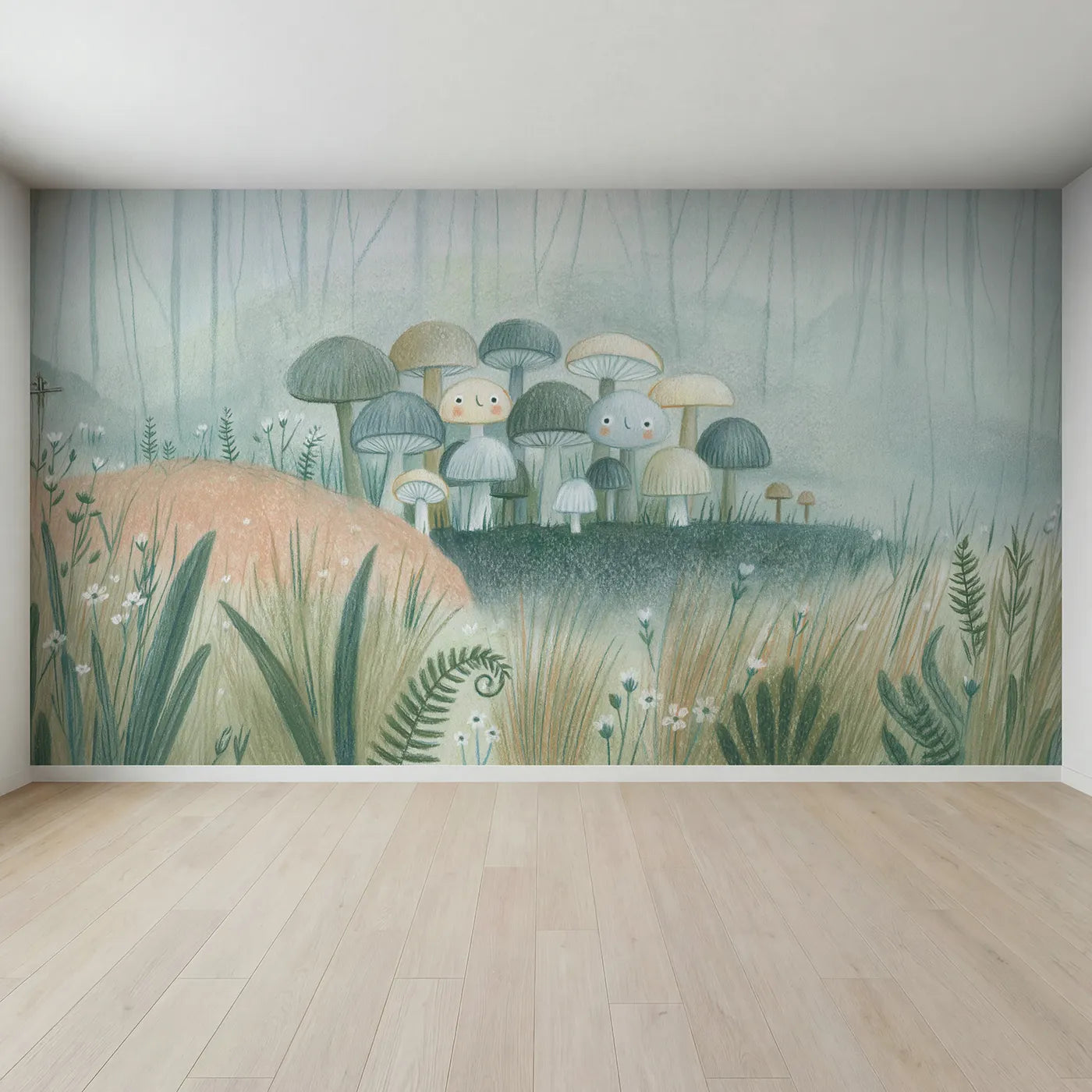 Full view of Soft Pencil Mushrooms Wallpaper Mural by Whimsy Tots