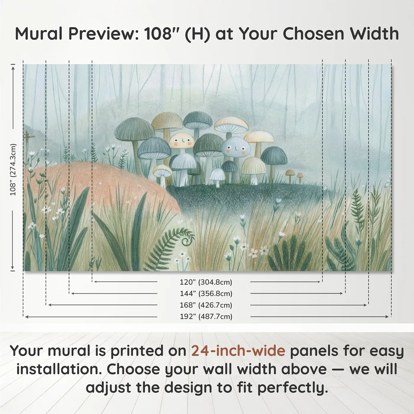 Panel layout and dimensions for Soft Pencil Mushrooms Wallpaper Mural by Whimsy Tots