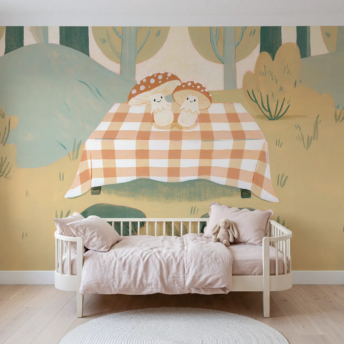 Folk gouache wall mural of a gingham picnic scene by Whimsy Tots