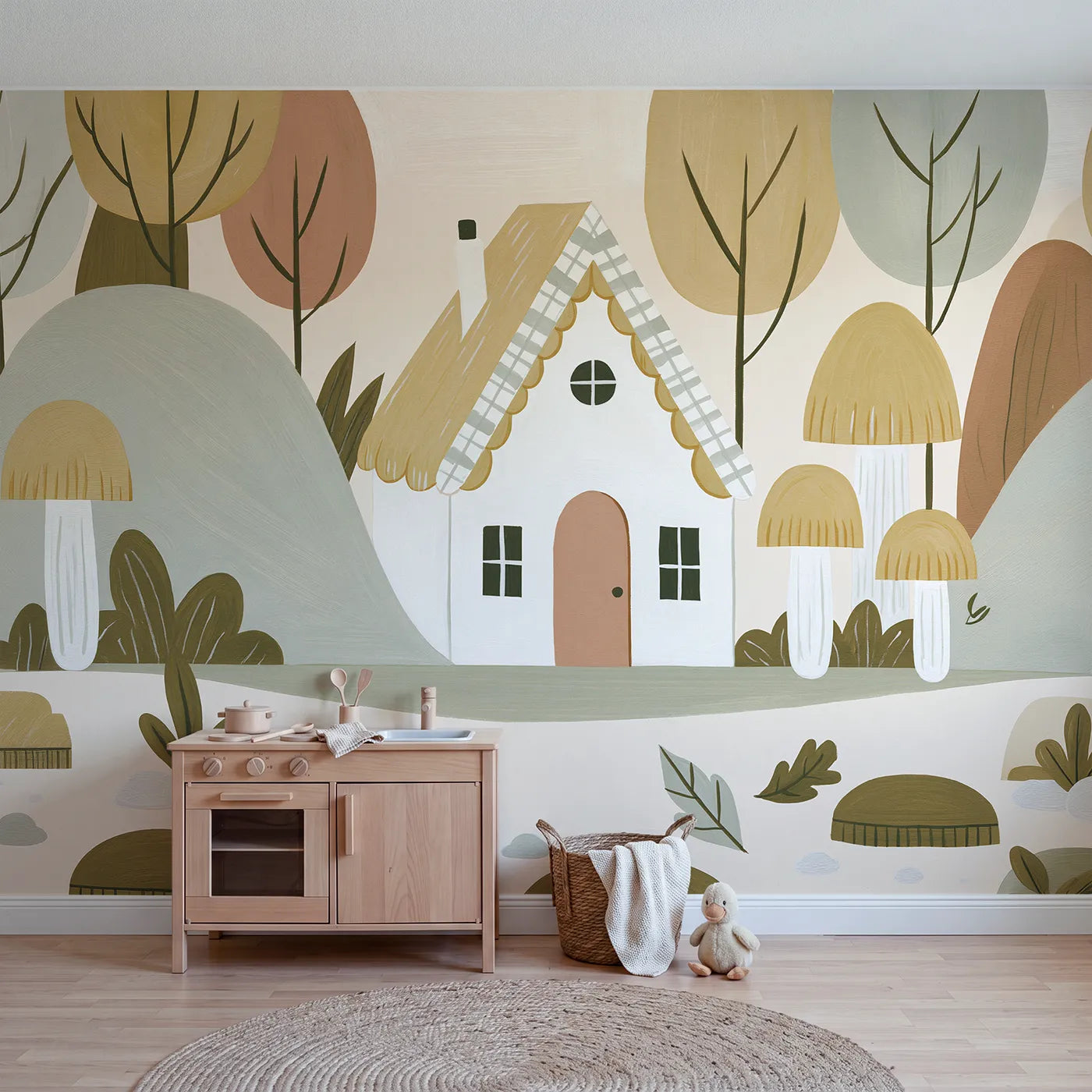Folk gouache wall mural of a check-trimmed cottage by Whimsy Tots