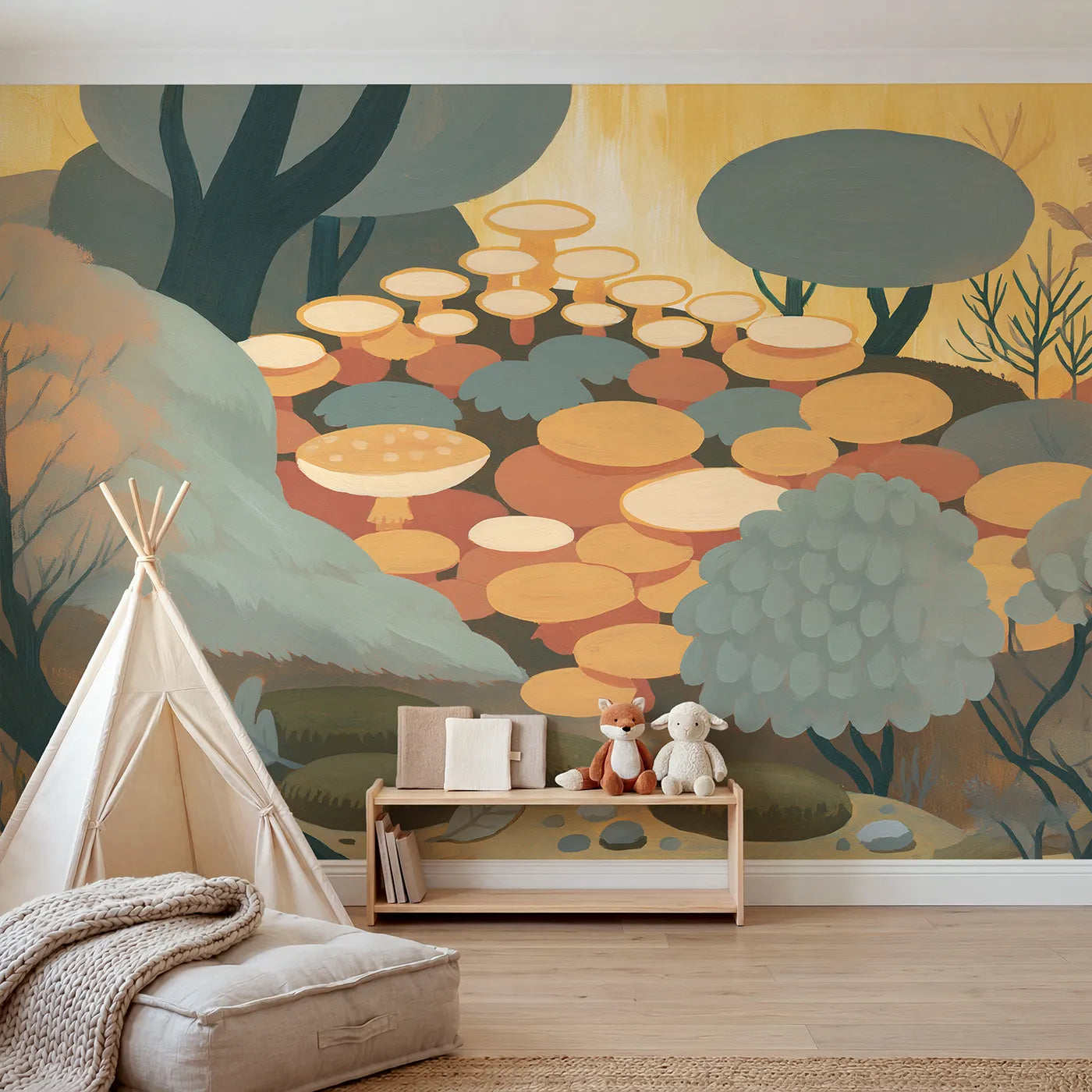 Folk gouache wall mural of a simple mushroom patch by Whimsy Tots