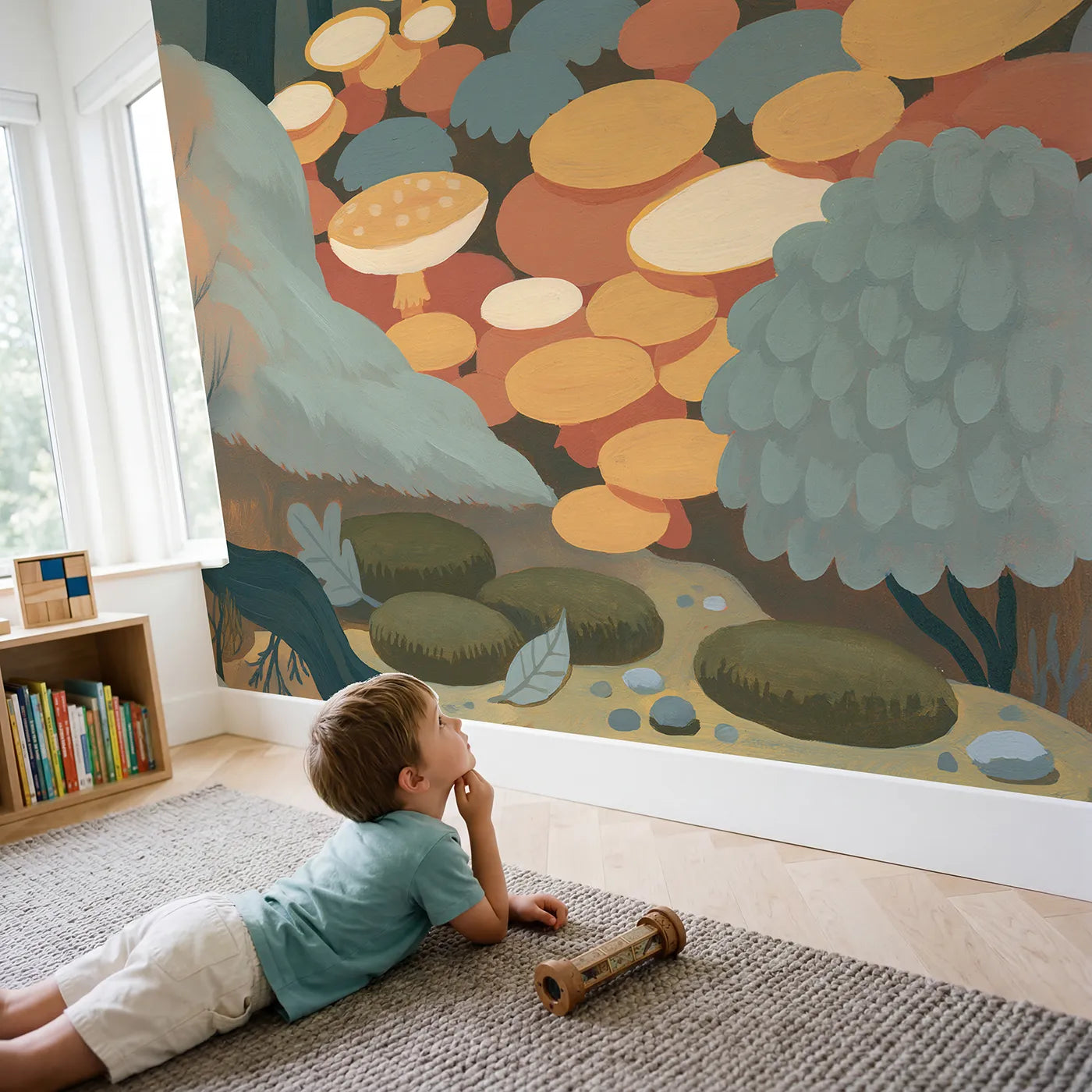 Child in nursery with Folk Mushroom Patch Wallpaper Mural by Whimsy Tots