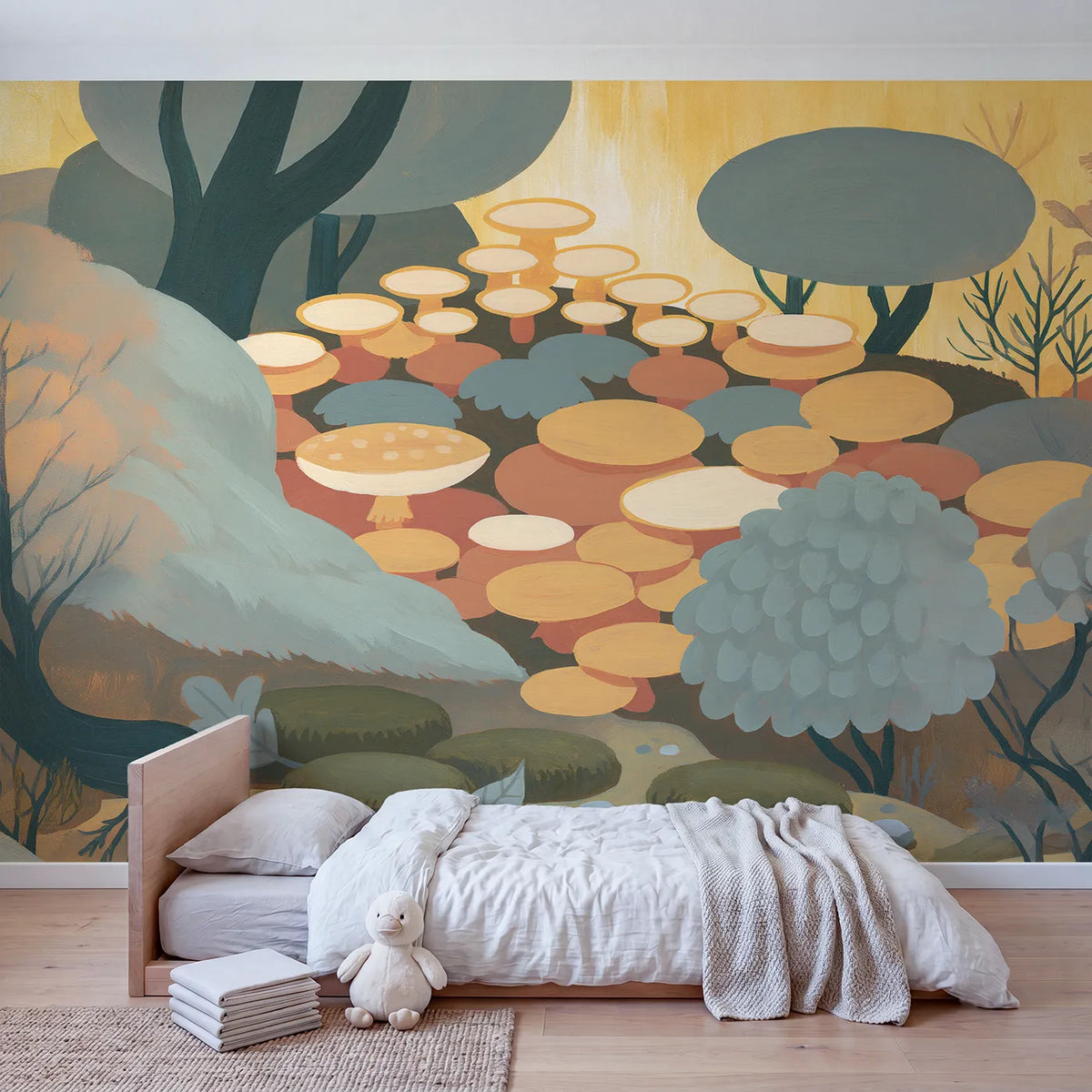 Folk Mushroom Patch Wallpaper Mural in playroom setting by Whimsy Tots