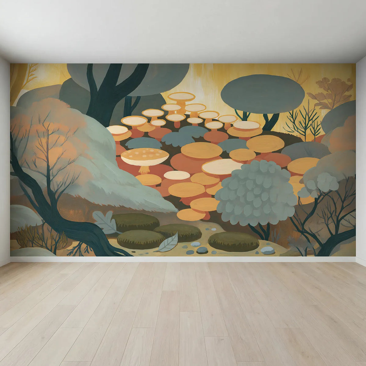 Full view of Folk Mushroom Patch Wallpaper Mural by Whimsy Tots