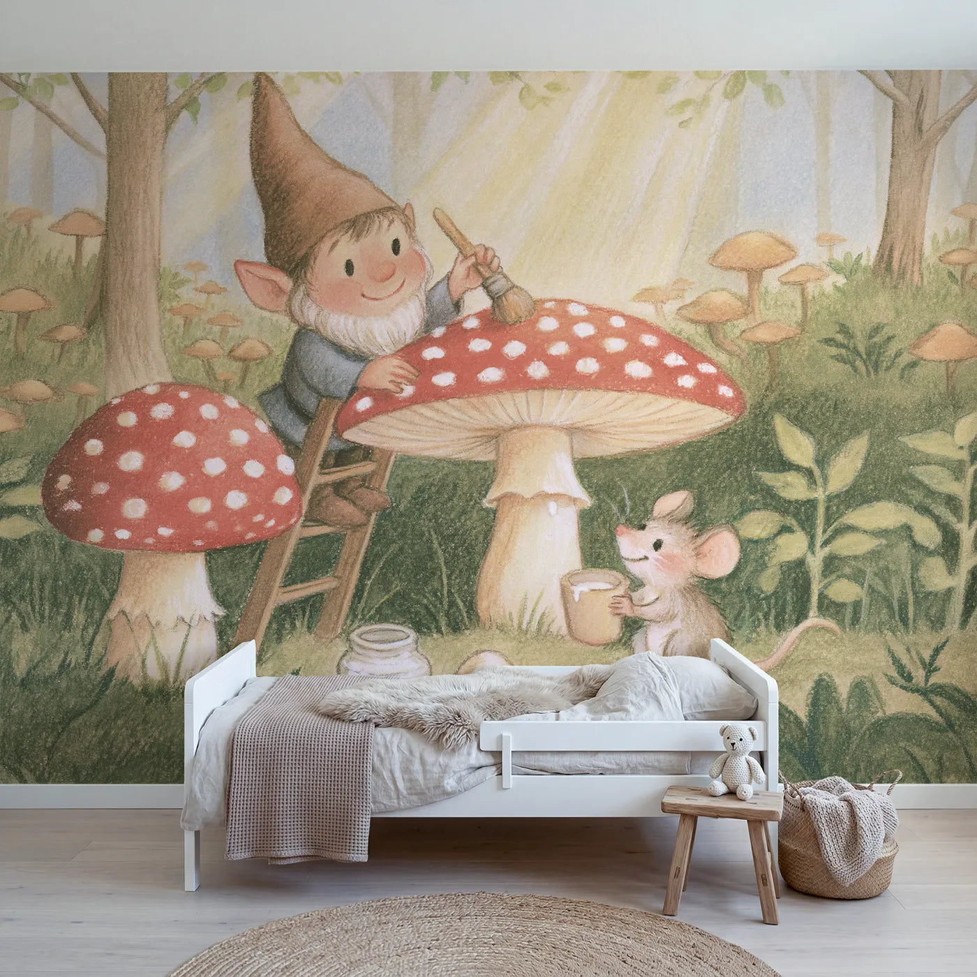 Colored Pencil gnome painting spots on a toadstool cap, mural for a playroom by Whimsy Tots