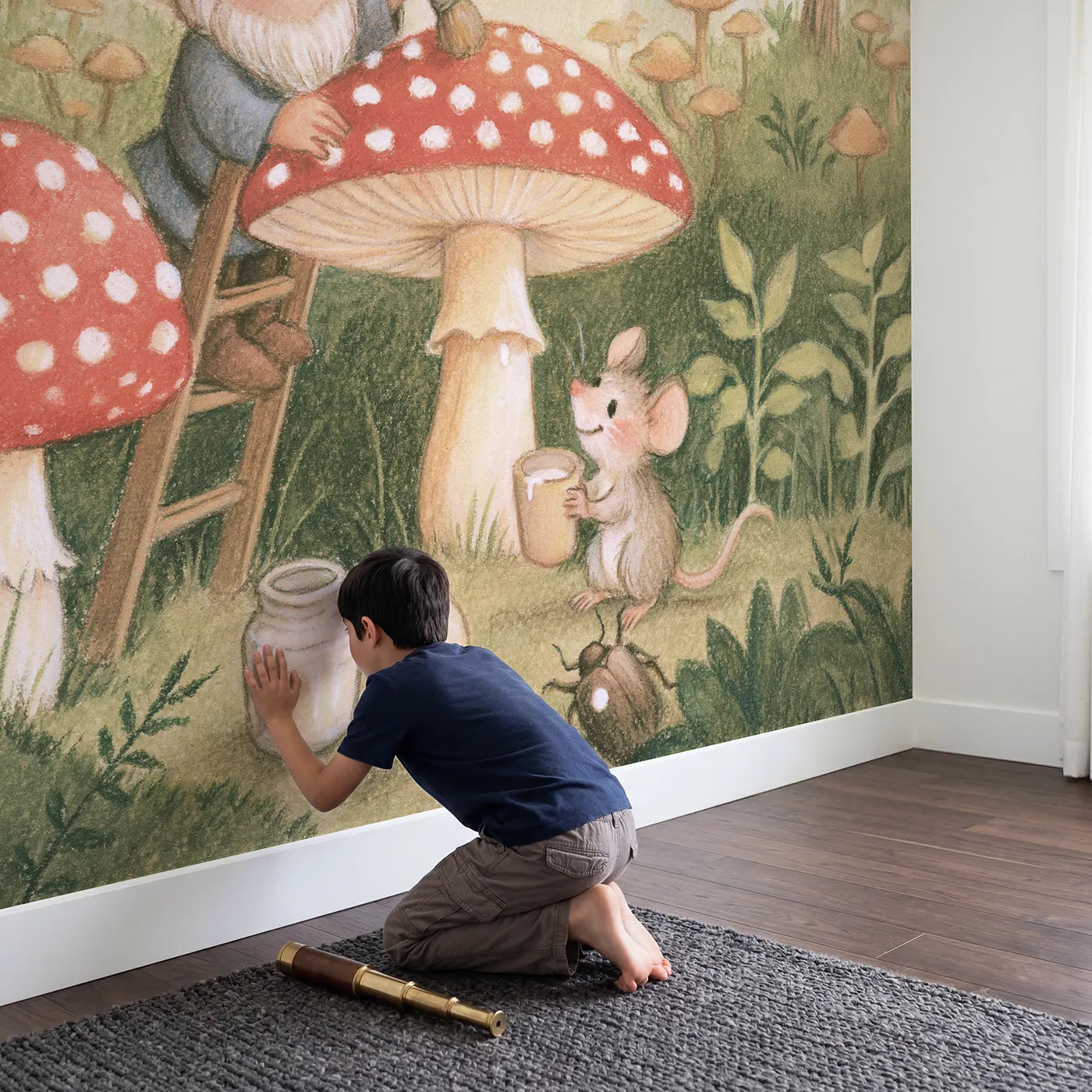 Child in nursery with Painting the Toadstool Spots Wallpaper Mural by Whimsy Tots