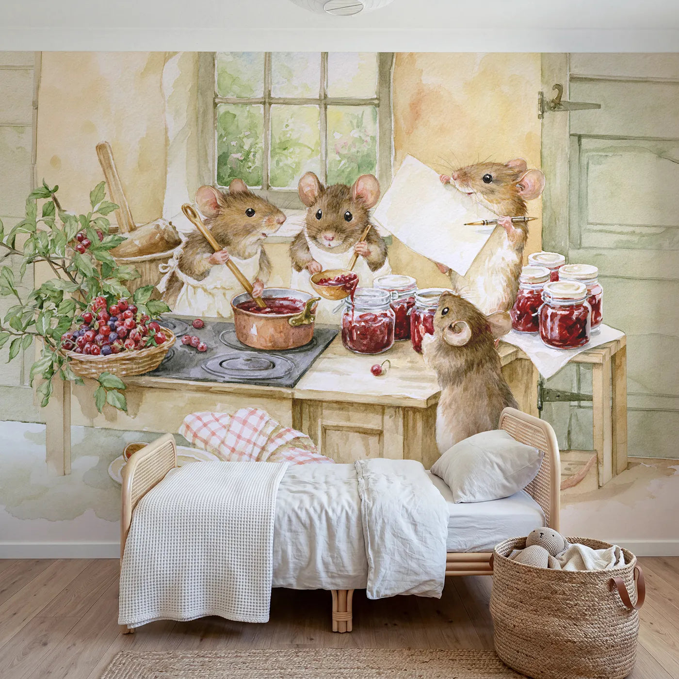 Watercolor mice making berry jam at a scrubbed table, mural for a shared kids room by Whimsy Tots