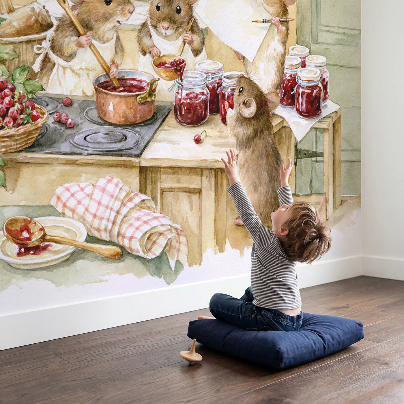Child in nursery with The Jam-Making Morning Wallpaper Mural by Whimsy Tots
